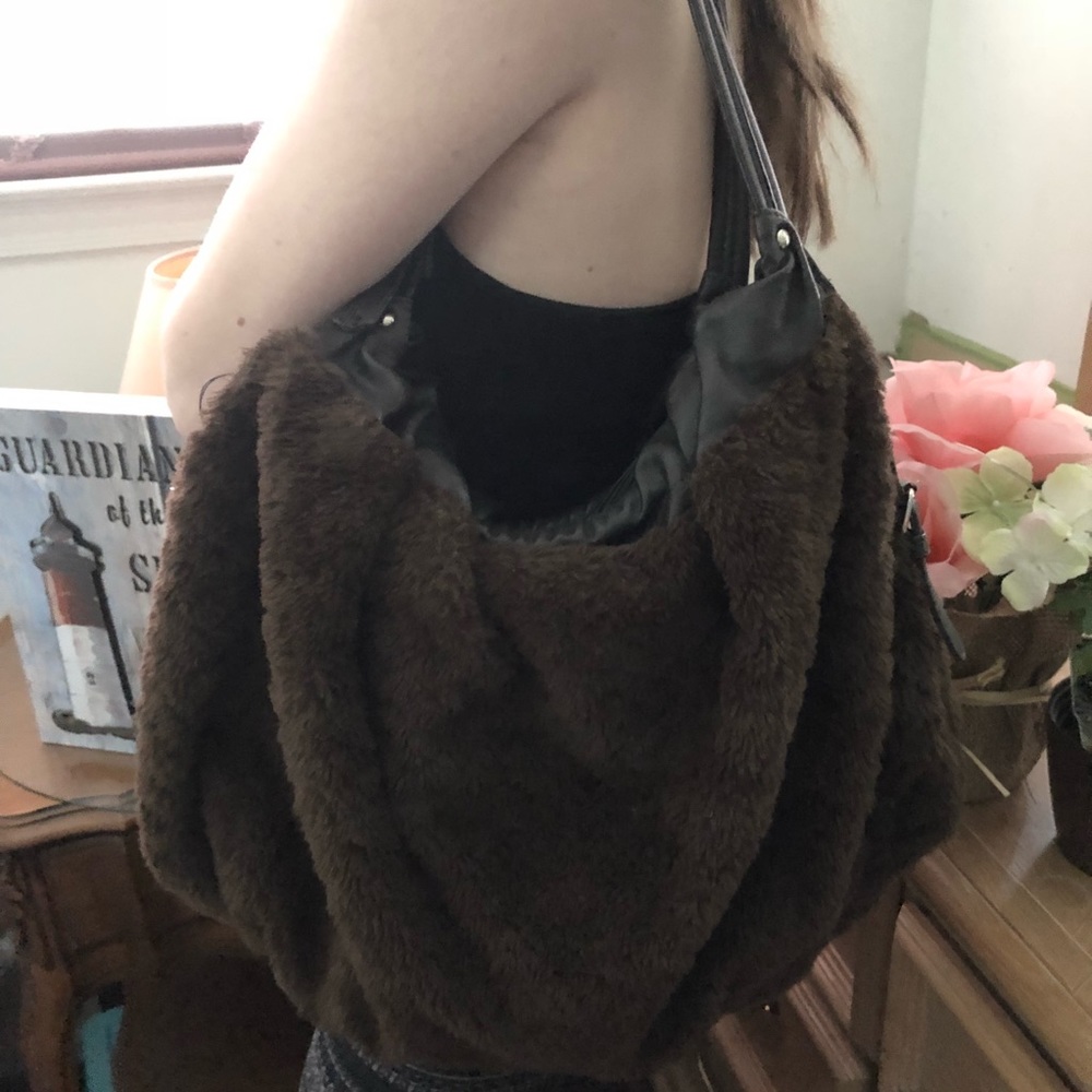 Shoulder Bag hobo style brown faux fur